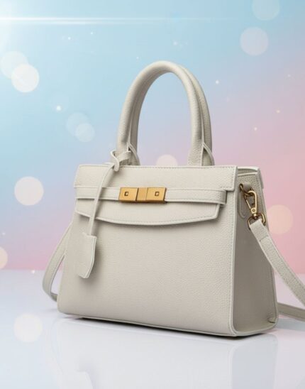 Women's Handbag, Structured PU Leather Shoulder Bag with Top Handle & Detachable Crossbody Strap, Gold-Tone Turn-Lock Closure, Off-White