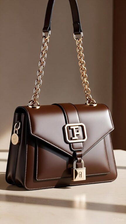 Faux Leather Women's Handbag with Gold-Tone Chain Strap, Brown Shoulder Bag for Daily Use, Casual Outings, and Evening Events, Crossbody Purse with Lock Detail