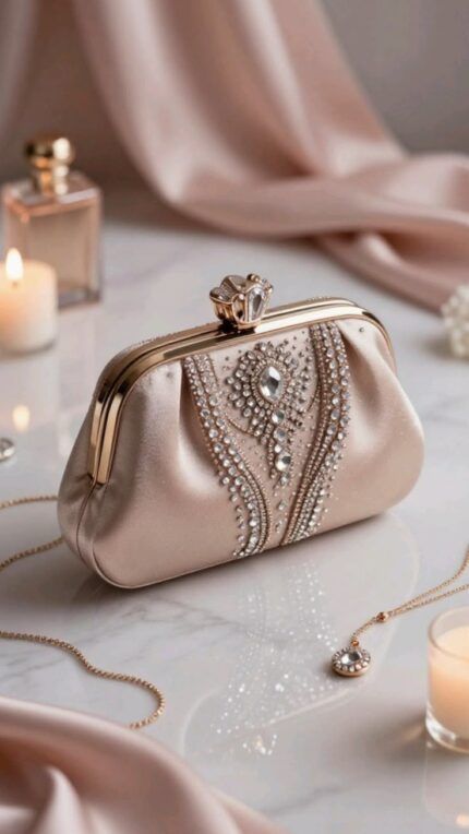 Women's Clutch Bag with Detachable Chain Strap, Satin Fabric Handbag with Rhinestone & Crystal Embellishments, Metal Frame Evening Purse for Social Gatherings, Champagne Gold Womens Fashion Accessory