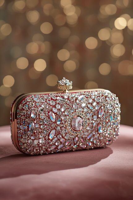 Embellished Clutch Bag for Women, Hard Case Handbag with Sparkling Rhinestone and Faux Gemstone Detailing, Rectangular Evening Purse for Cocktail Parties and Social Gatherings, Red Gold