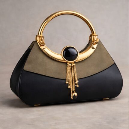 Women's Handbag with Metallic Gold Ring Handle, Faux Leather and Suede Panel Design, Black and Olive Green Color Block, Embellished with Black Stone & Gold Chain Tassel for Women Ladies Clutch