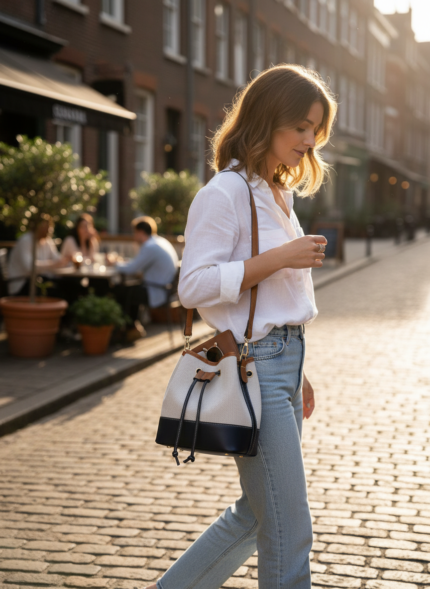 Bucket Bag for Women, Canvas and Faux Leather Crossbody Handbag with Drawstring Closure, Dual Tone Shoulder Purse for Everyday Carry, White and Navy Blue