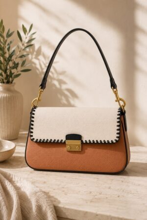 Chic Two-Tone Leather Shoulder Bag with Contrast Stitching and Gold-Tone Lock Closure - Stylish Everyday Handbag for Women