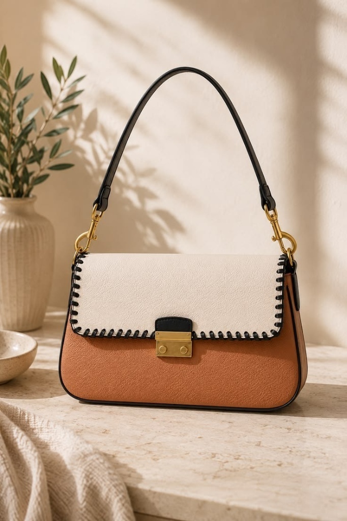 Chic Two-Tone Leather Shoulder Bag with Contrast Stitching and Gold-Tone Lock Closure - Stylish Everyday Handbag for Women