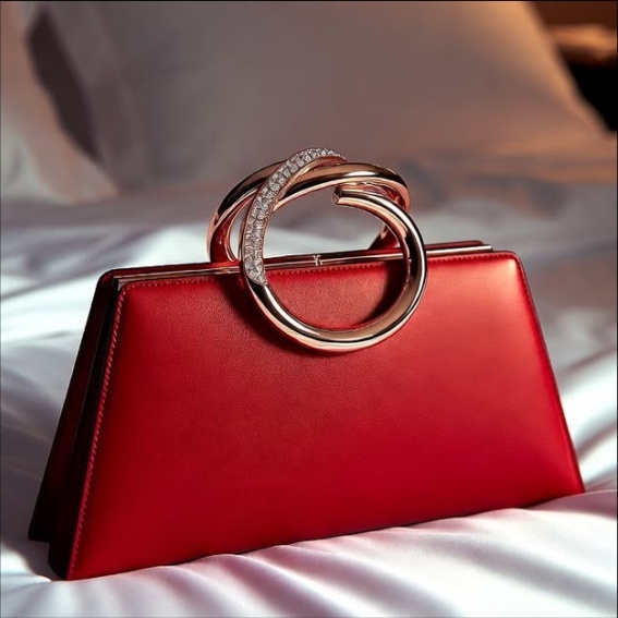 Elegant Red Evening Clutch Bag with Circular Crystal Ring Handle - Image 2