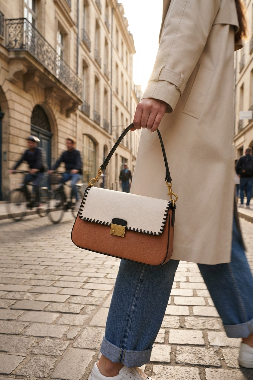 Chic Two-Tone Leather Shoulder Bag with Contrast Stitching and Gold-Tone Lock Closure - Stylish Everyday Handbag for Women - Image 3