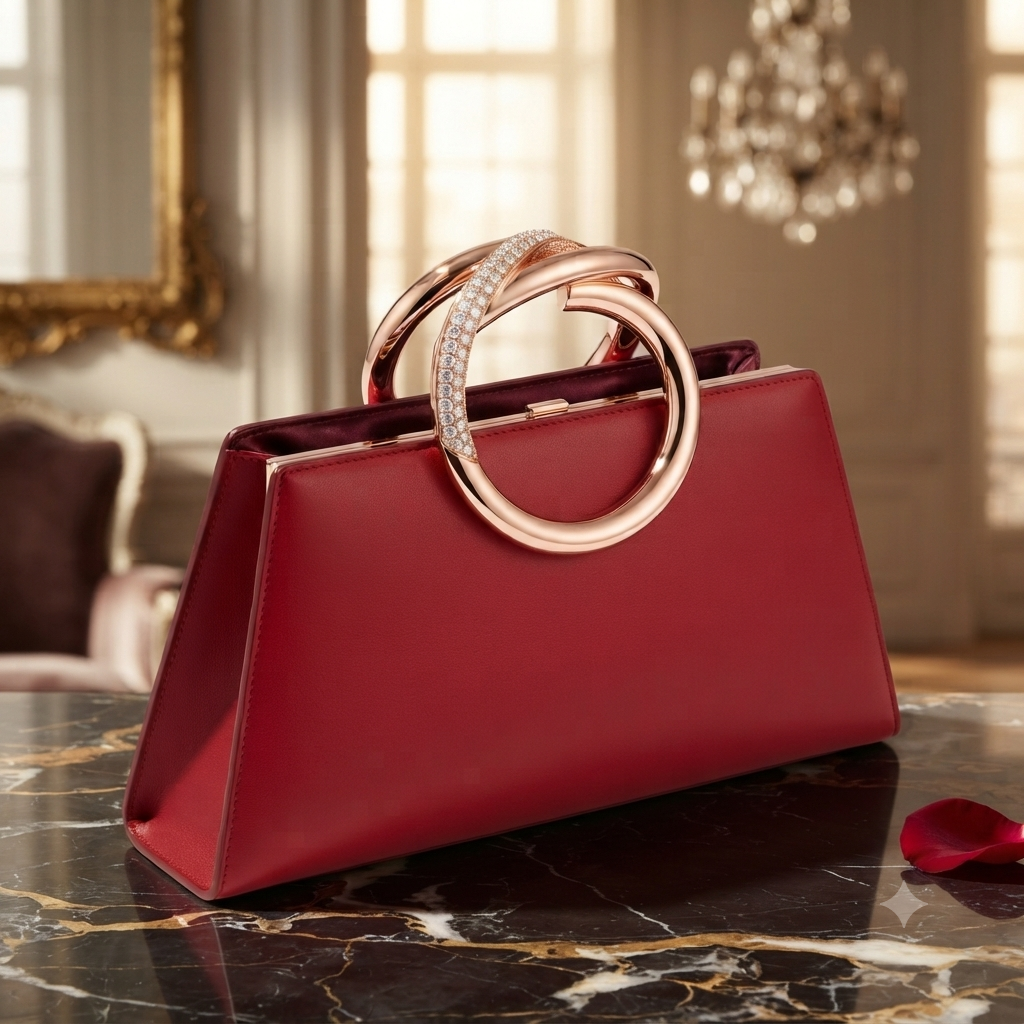Elegant Red Evening Clutch Bag with Circular Crystal Ring Handle - Image 3