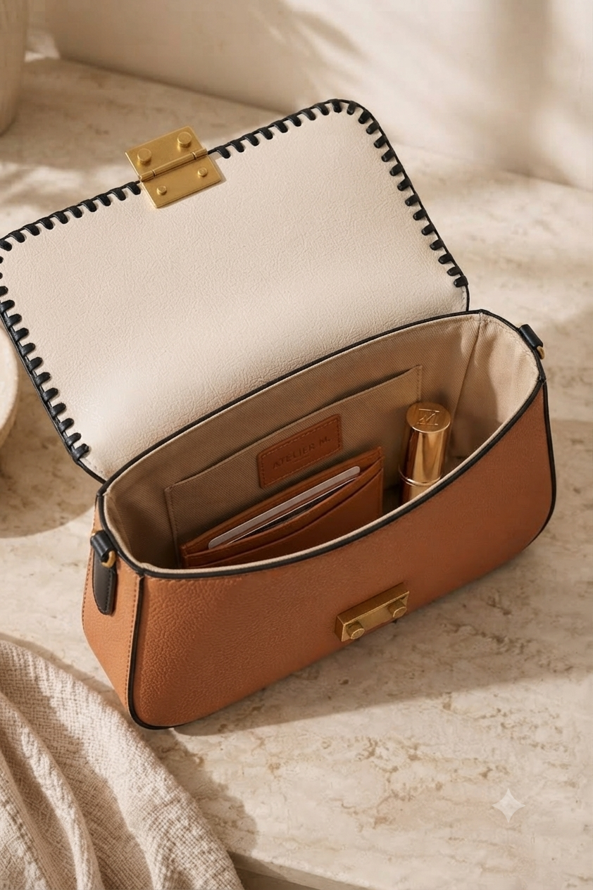 Chic Two-Tone Leather Shoulder Bag with Contrast Stitching and Gold-Tone Lock Closure - Stylish Everyday Handbag for Women - Image 2
