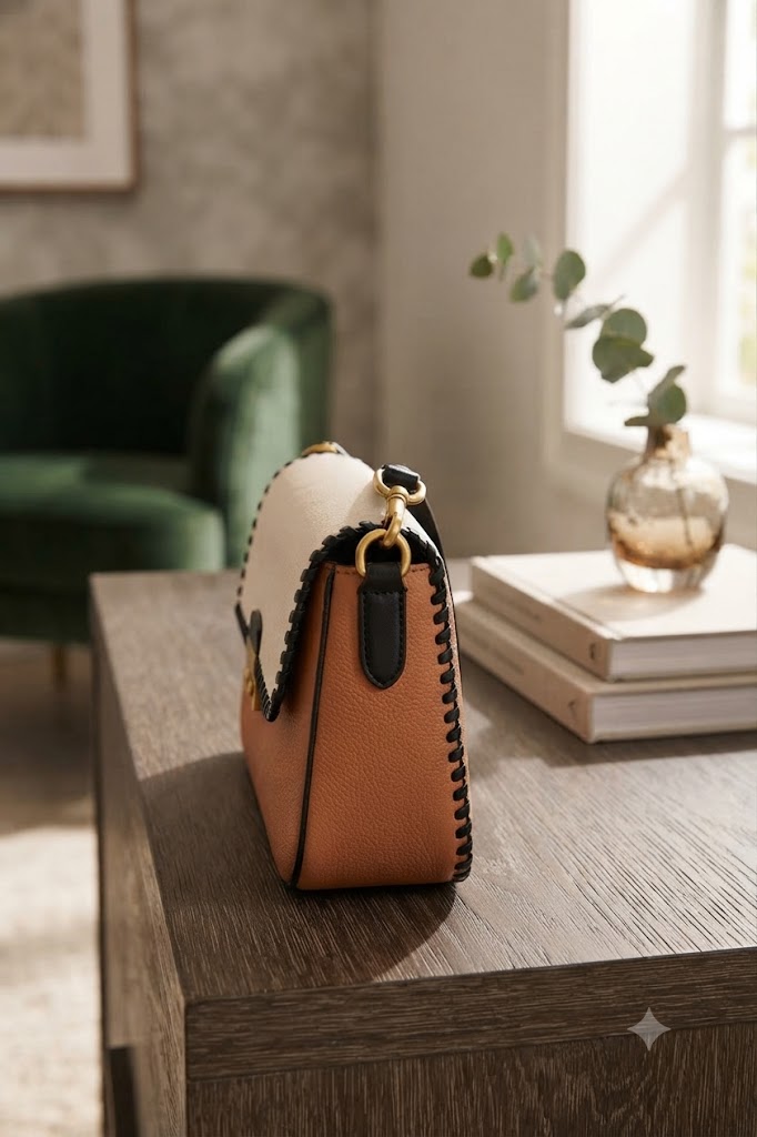 Chic Two-Tone Leather Shoulder Bag with Contrast Stitching and Gold-Tone Lock Closure - Stylish Everyday Handbag for Women - Image 4